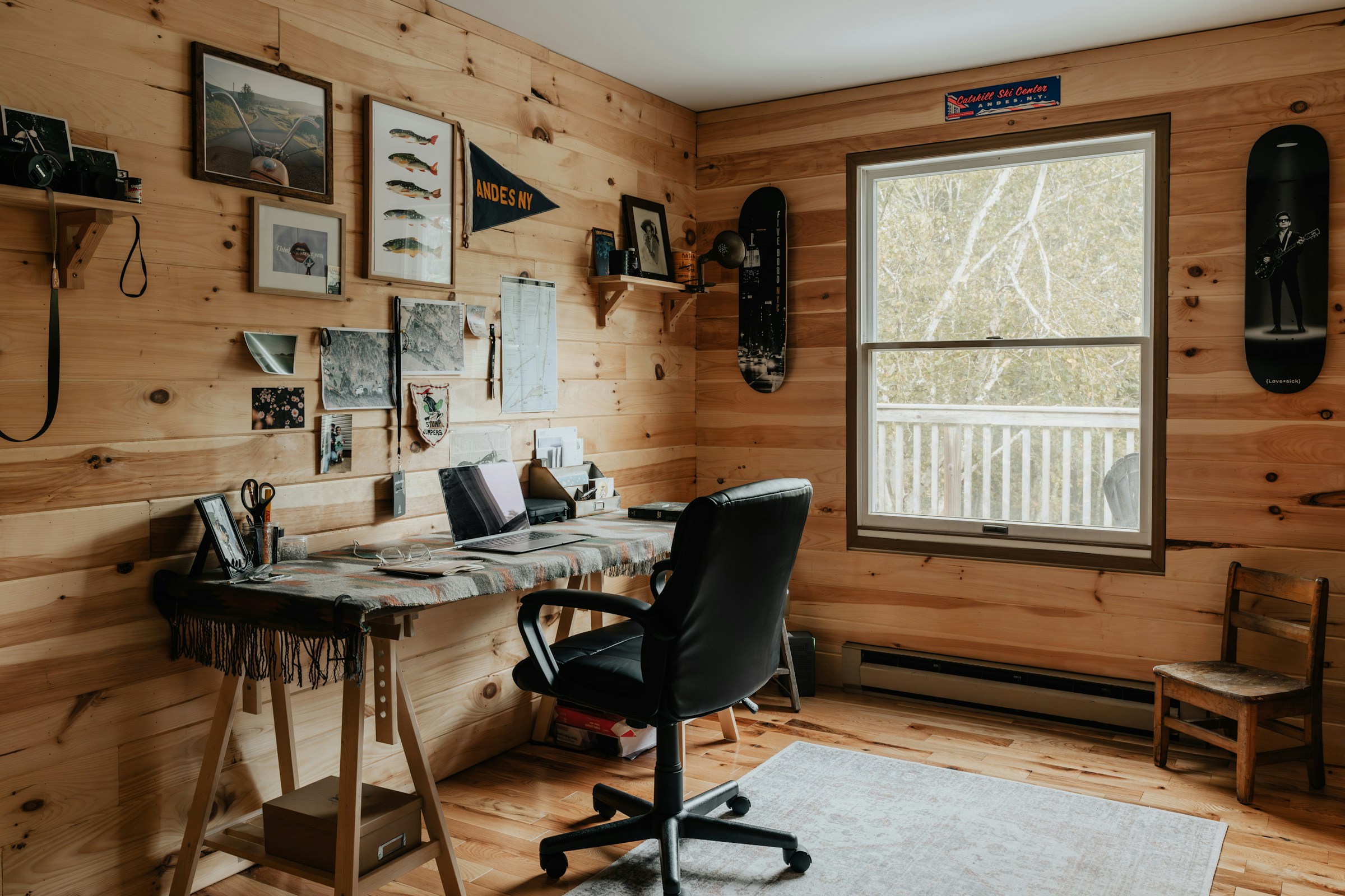 Interior of a house, with a desk and chair